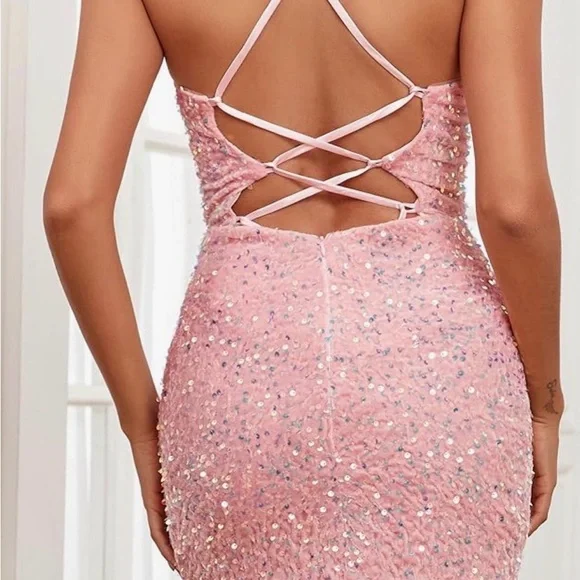 Sequin Formal Lace Up Back Dress - Pink - Picture 2 of 3